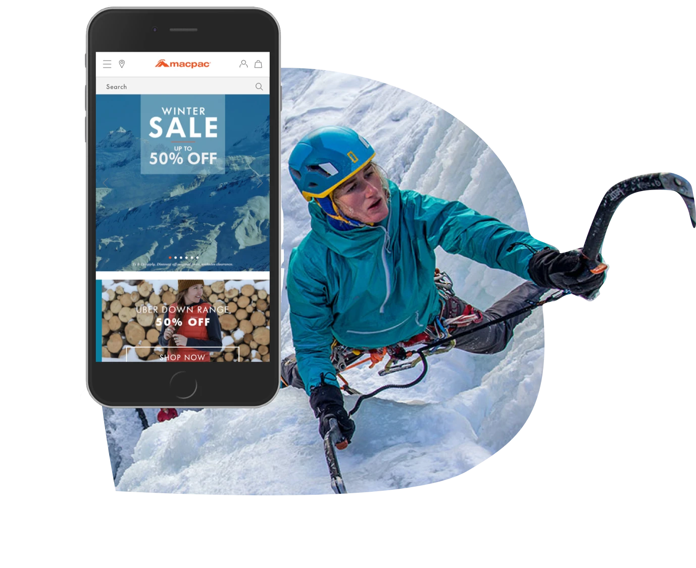 Macpac mobile site with inset of woman mountaineering