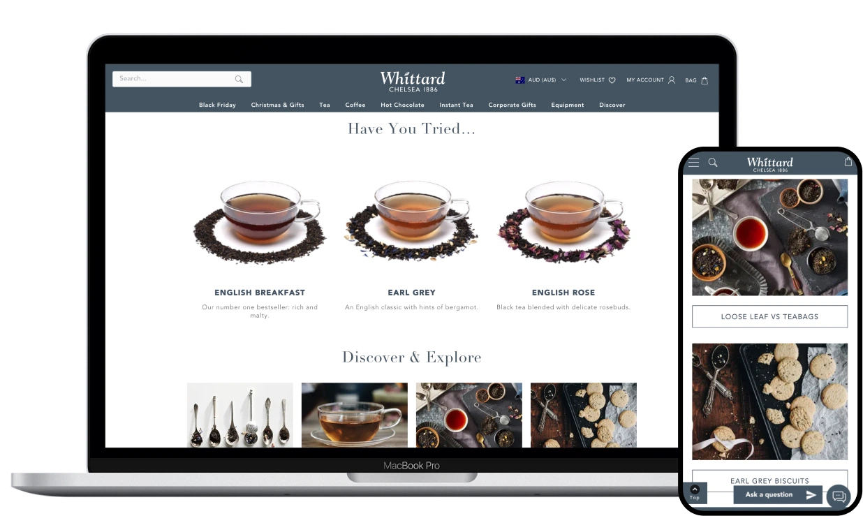 Whittard webpage showing products in screens desktop and mobile