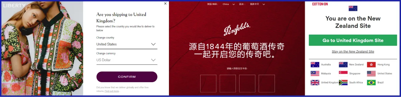 Localization on the websites of Liberty, Penfolds, and Cotton On